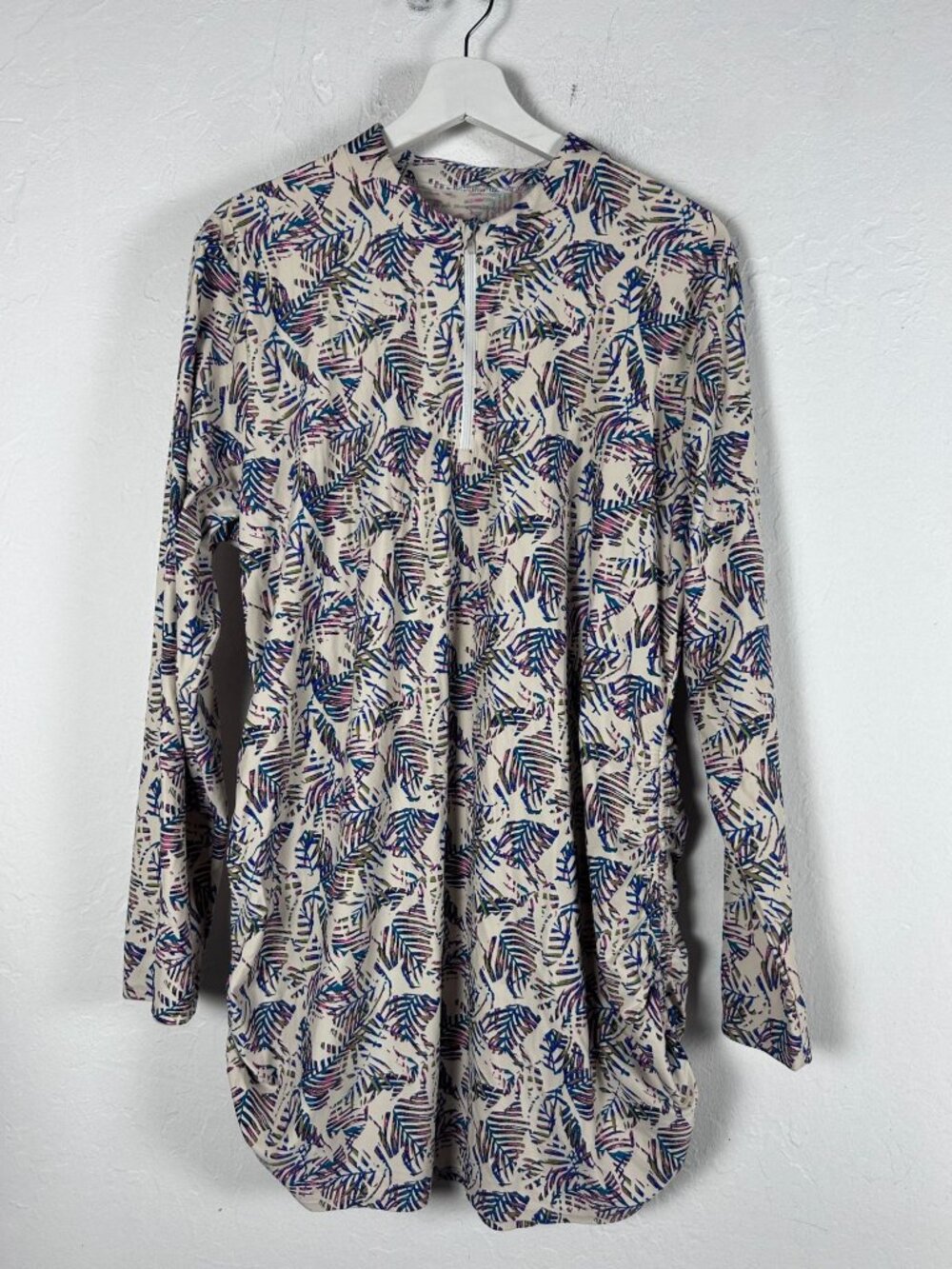 Coolibar Womens UPF 50+ Blocks Palm Print Biscayne Ruched Swim Tunic Top XL Blue